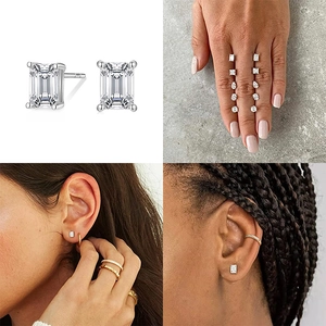 Detail view of emerald-cut square diamond studs in silver-tone on different models