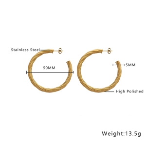 Technical view of 50mm gold mesh textured stainless steel hoop earrings with specifications
