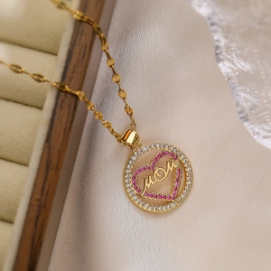 Collier avec pendentif coeur MAMA plaqué or et zircons roses et blancs brillants