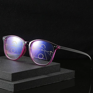 Macro detail of purple round vintage sunglasses with progressive lens markings and thin black arms