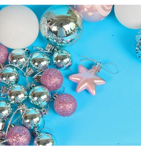 Detail of pink and silver Christmas balls with snowflake patterns and star ornaments