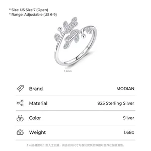 Adjustable S925 sterling silver leaf ring with pavé cubic zirconia for women