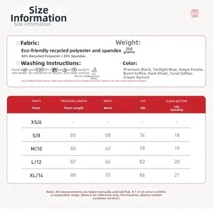 Guide des tailles pour leggings de yoga taille haute avec mesures de taille et hanches