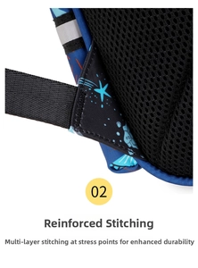 Close-up of reinforced stitching on the breathable mesh shoulder straps of this space backpack