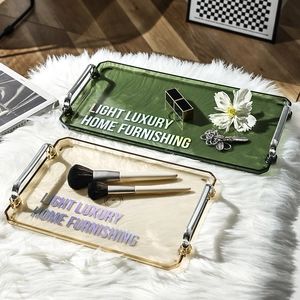 Rectangular emerald green luxury tray with gold handles and faux marble texture