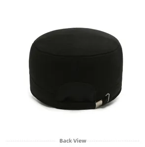 Detail view of the adjustable rear strap and metal buckle on the black woolen cadet cap