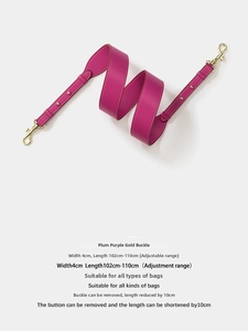 Adjustable 4cm wide plum red leather bag strap with gold hooks and 102-110cm length details