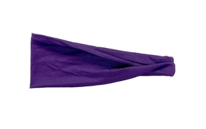 Detail shot of a purple knotted headband with soft elastic fabric texture on white background