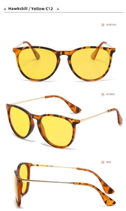 Multiple views of tortoise frame sunglasses with yellow lenses and gold metal temples