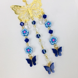 Gold Evil Eye Butterfly Hanging Ornament with Blue Flower Accents and Beads