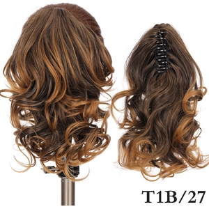 Long wavy ponytail hair extension with claw clip, ombre black to honey blonde T1B/27