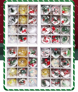 Macro view of clear PET Christmas ornaments filled with berries, pines and snowflakes