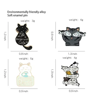Set of four cute cat enamel pins featuring funny feline designs and size specifications