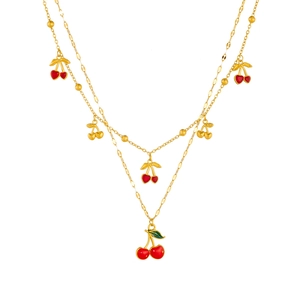 Double-layered gold-plated stainless steel necklace with red enamel cherry pendants