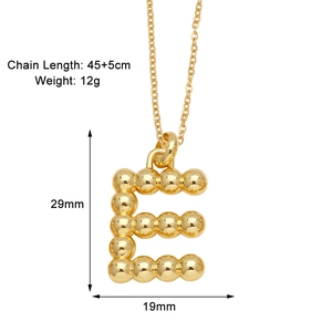 Detail view of gold letter E necklace showing 45+5cm chain length and 12g weight specs