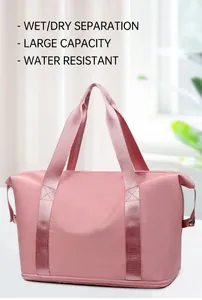 Pink fitness travel bag featuring dry-wet separation and large capacity detail