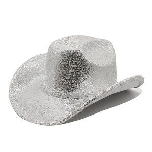 Detailansicht silberner Pailletten auf einem klassischen Western-Cowboyhut für Partys