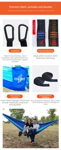 Detail of lightweight blue camping hammock with D-shaped buckles and black straps