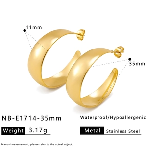 Detailed view of 11mm wide gold-plated U-shaped stainless steel hoop earrings with dimensions