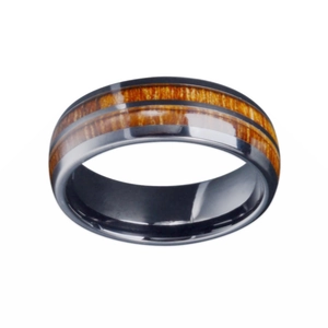 Retro titanium steel ring for men with vintage wood inlay and dark grey finish
