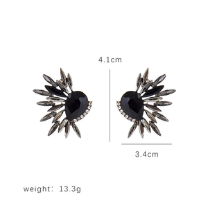 Macro detail of black crystal fan earrings showing 4.1cm height and 3.4cm width size