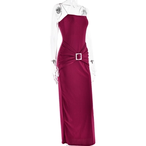 Detail of square rhinestone buckle and elegant waist ruching on dark red maxi evening dress