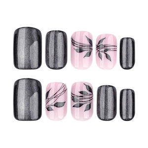 Short square black cat eye press-on nails with glitter and pink leaf art design