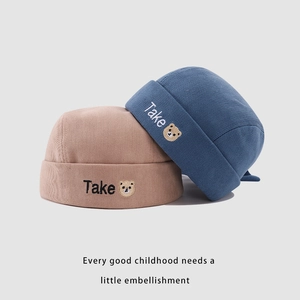 Bonnets bébé en tricot souple bleu et kaki avec broderie ours pour garçons et filles