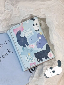 Cute Cartoon Cat Print Trifold Wallet PU Leather Portable Multislot Card Holder For Students Girls Kawaii Blue