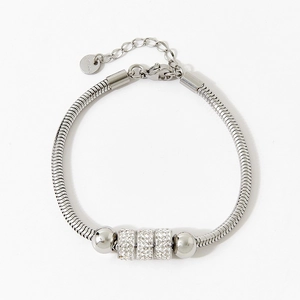 Polished silver stainless steel snake chain bracelet with sparkling crystal beads