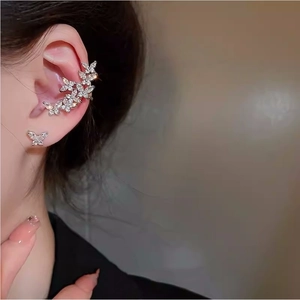 S925 silver butterfly ear cuff and stud set with sparkling clear crystals for women