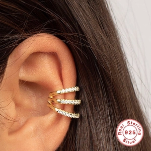 Triple-row S925 sterling silver ear cuff with paved white zircons in gold plating