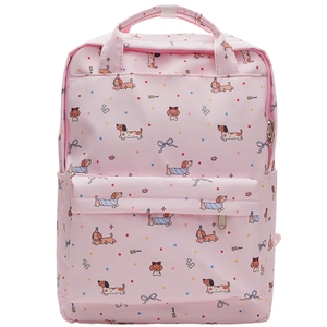 Detailed view of pink backpack with dachshund prints, stars, bows and front zipper pocket