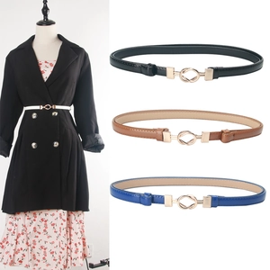 Adjustable women thin waist belt with gold knot buckle in black, brown and blue colors
