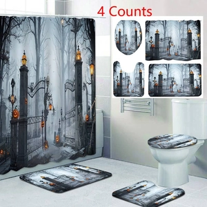 Detail of 4-piece Halloween bathroom set with shower curtain and non-slip rugs