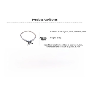 Detailed view of resin cross and crystal pearl necklace with 46cm size specifications