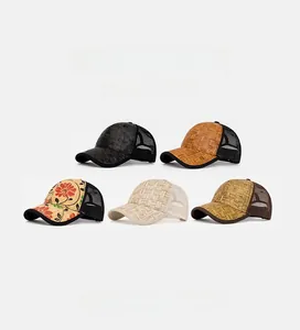 Detail view of woven mesh baseball caps in five assorted colors with structured hard crowns