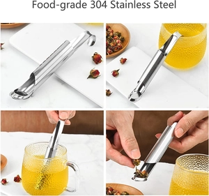 Multiple views of a 304 stainless steel tea infuser showing the sliding handle design
