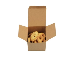Macro view of 7cm square brown kraft paper box showing interior folding and cookies