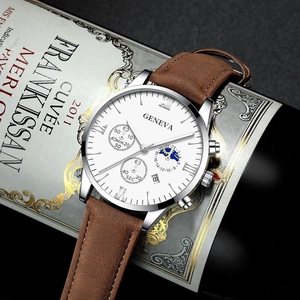 GENEVA men's luxury quartz watch with silver polished case and brown leather strap