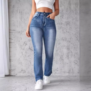 Fashionable high-waisted distressed blue patchwork straight-leg denim jeans for women