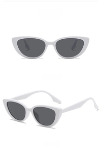 Detailed views of white cat eye sunglasses with grey lenses from front and side angles