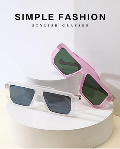 Close-up of white and pink transparent square sunglasses on minimalist white geometric steps