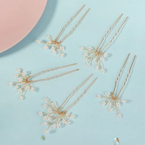 Lot de 5 épingles à cheveux dorées en U pour mariée avec délicates fleurs en perles blanches