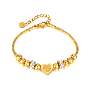Elegant gold stainless steel snake chain bracelet with frosted heart charm and zircon beads