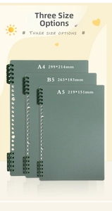 Three size options comparison for matte green PP binder covers in A4, B5, and A5 dimensions