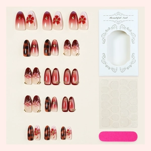 Handmade 3D flower press-on nails set with burgundy gradient, leopard print, and almond shape