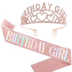 Set festa Birthday Girl con tiara in strass oro rosa e fascia rosa glitterata