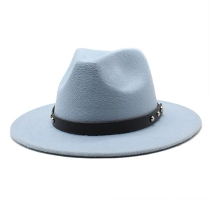 Close-up of light blue wool fedora featuring a black leather band with silver studs