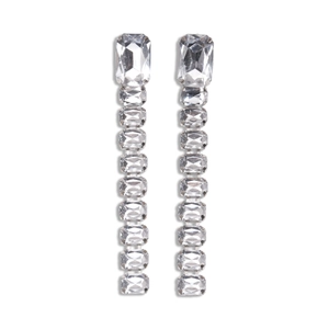 Elegant rectangle crystal tassel earrings in silver finish on a clean white background